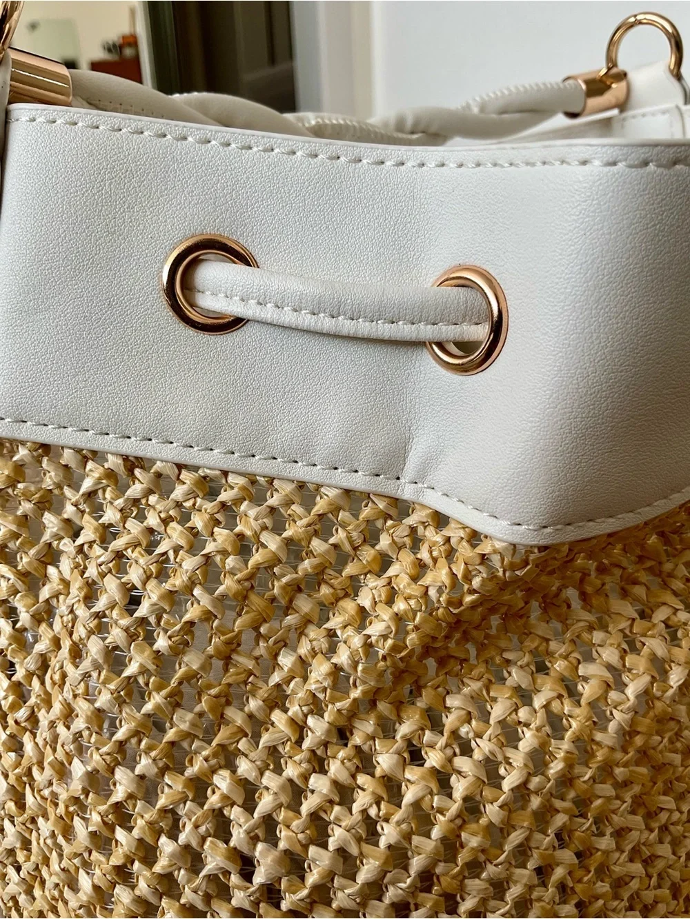 Saks Fifth Avenue White and Natural Woven Drawstring Bucket Bag